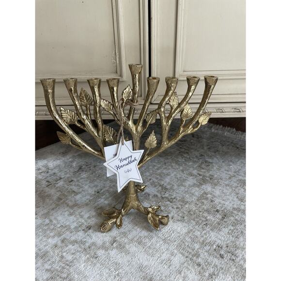 Gold Leaf Hanukkah Menorah Candle‎ Holder New Tripod Stand - Picture 1 of 5